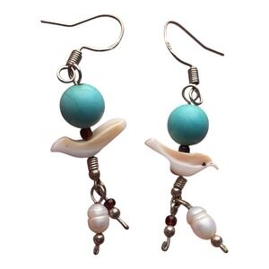 Carved MOP Bird Turquoise Garnet Pearl Earrings 925 Sterling Hooks Boho